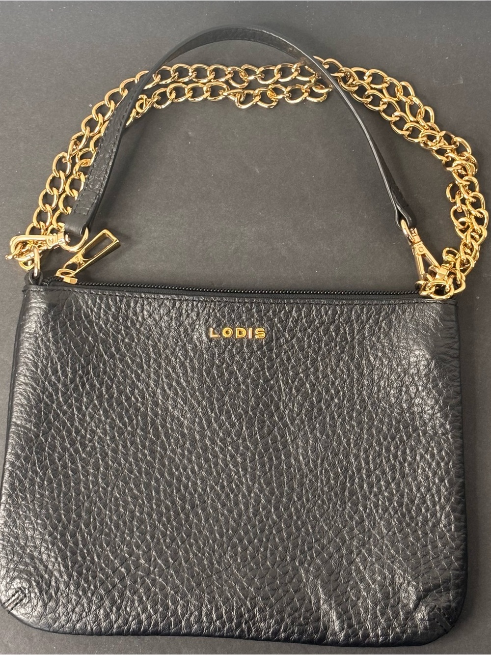 Lodis Black Pebbled Leather w/gold Toned Hardware Chainlink Strap Crossbody Bag